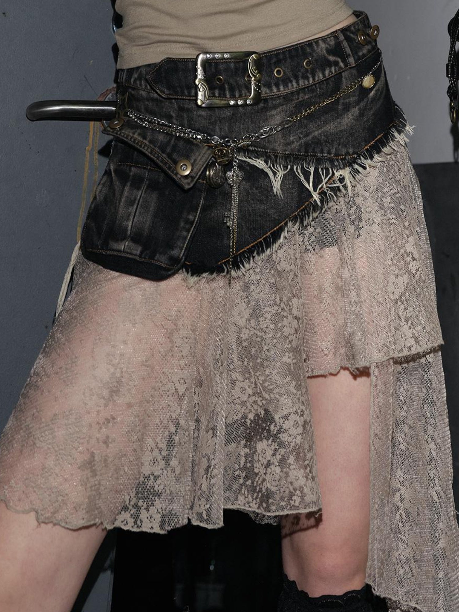 NO ROMANCE Vintage Distressed Denim Skirt Pants With Lace Trim