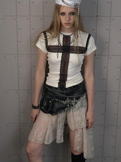 NO ROMANCE Vintage Distressed Denim Skirt Pants With Lace Trim