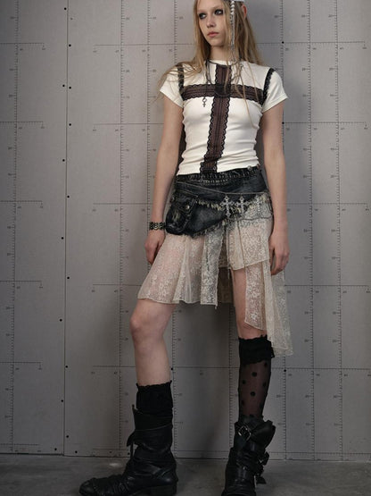 NO ROMANCE Vintage Distressed Denim Skirt Pants With Lace Trim