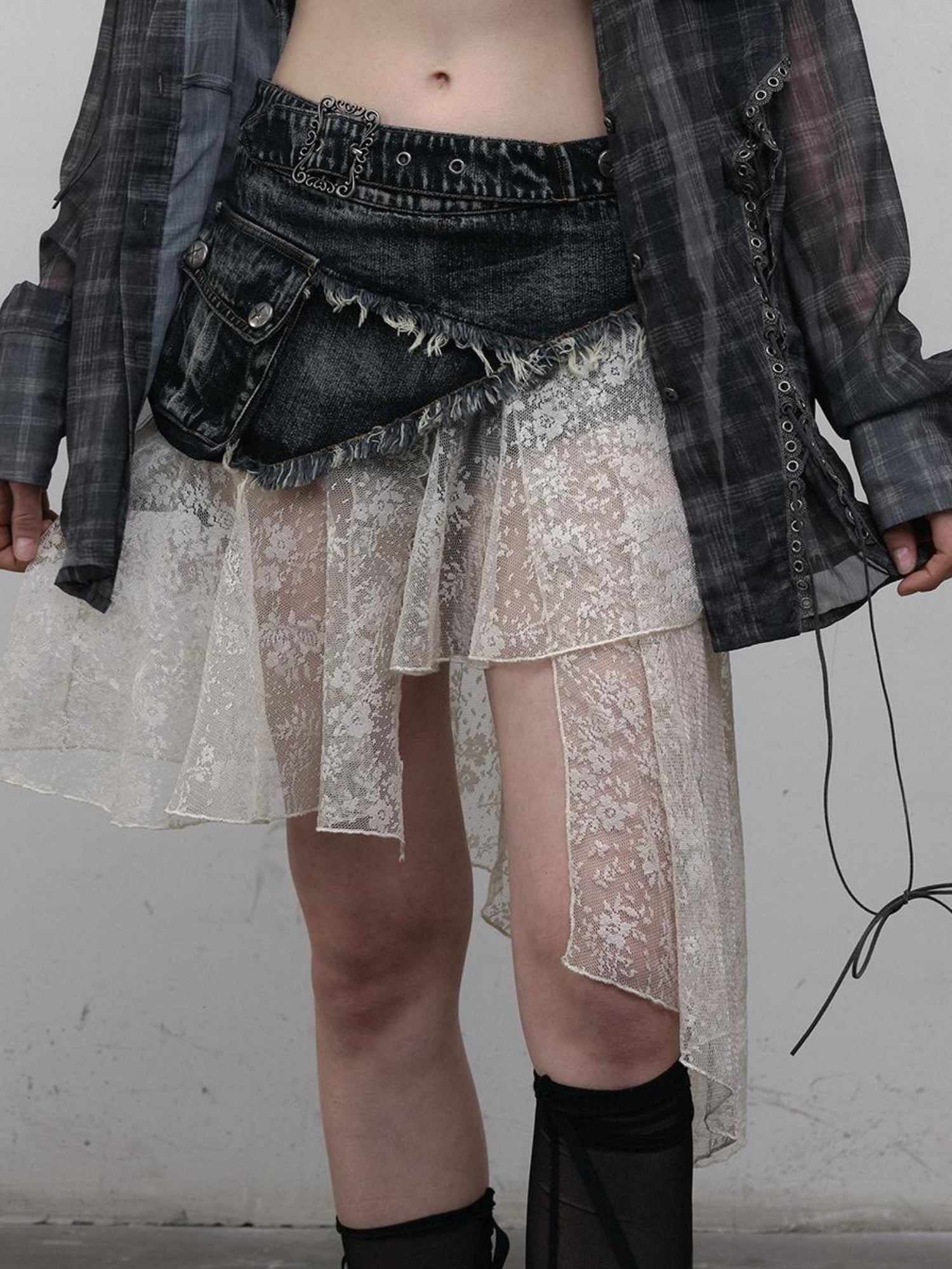 NO ROMANCE Vintage Distressed Denim Skirt Pants With Lace Trim