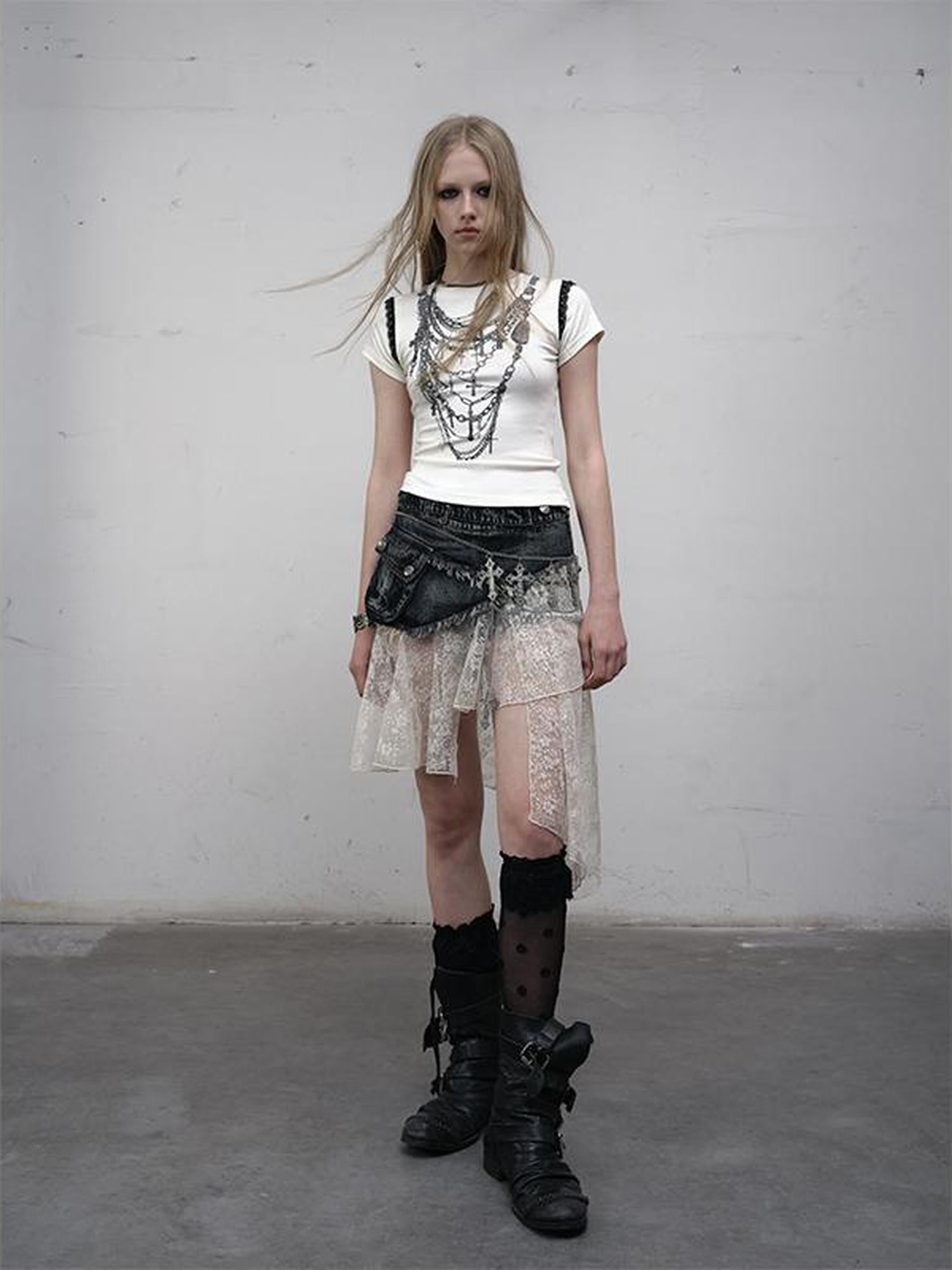 NO ROMANCE Vintage Distressed Denim Skirt Pants With Lace Trim