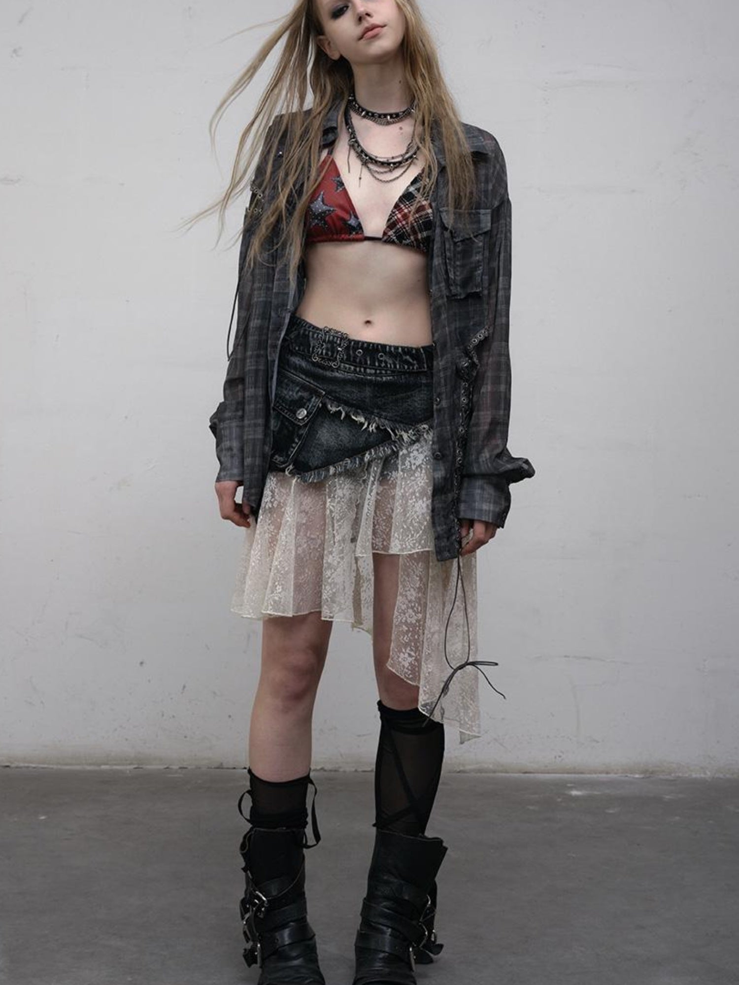 NO ROMANCE Vintage Distressed Denim Skirt Pants With Lace Trim