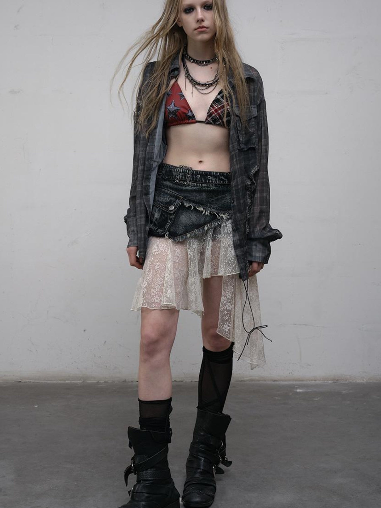 NO ROMANCE Vintage Distressed Denim Skirt Pants With Lace Trim