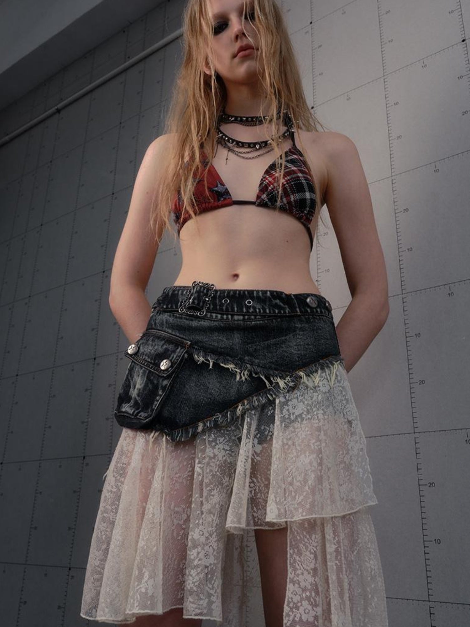 NO ROMANCE Vintage Distressed Denim Skirt Pants With Lace Trim