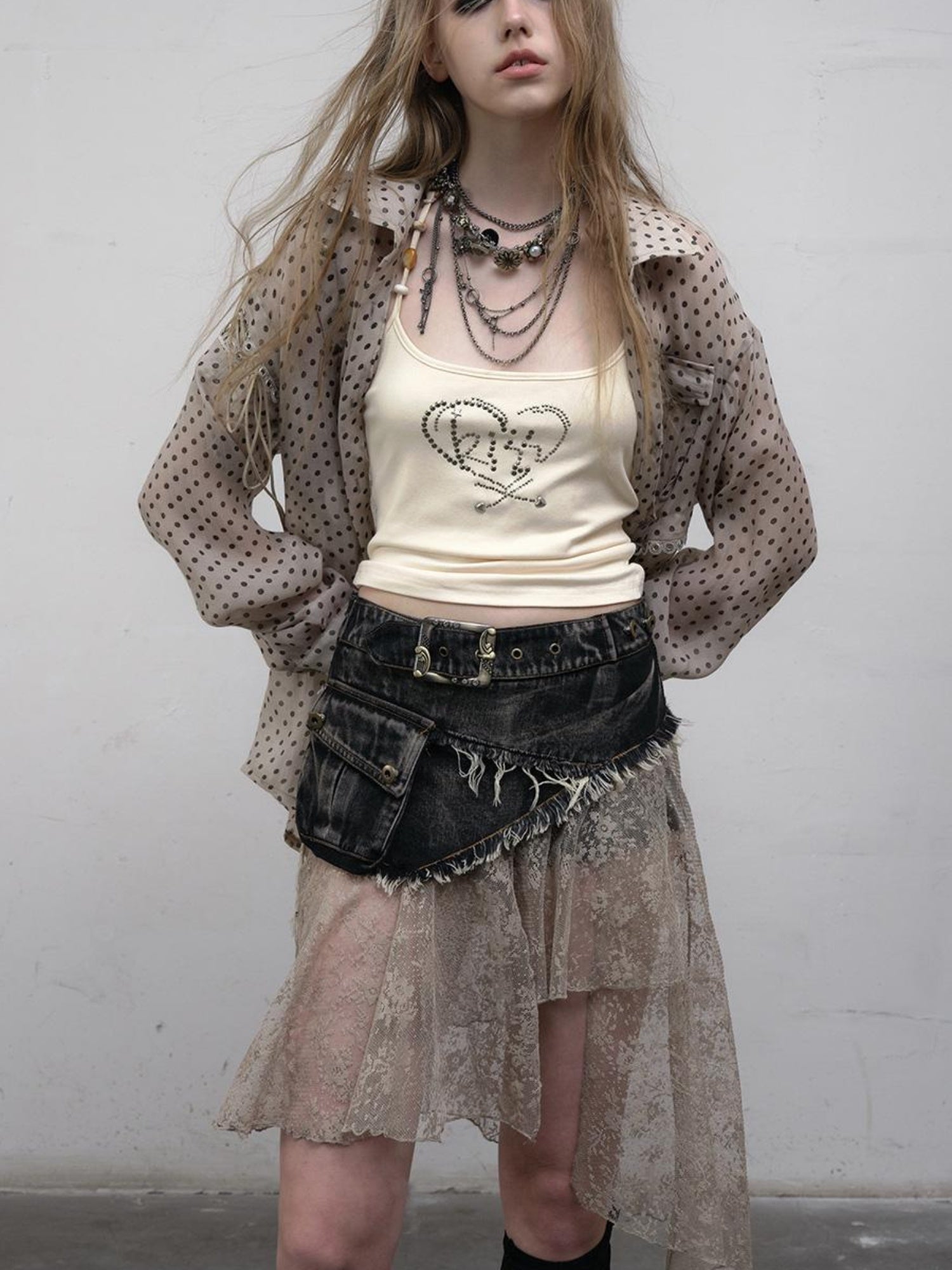 NO ROMANCE Vintage Distressed Denim Skirt Pants With Lace Trim