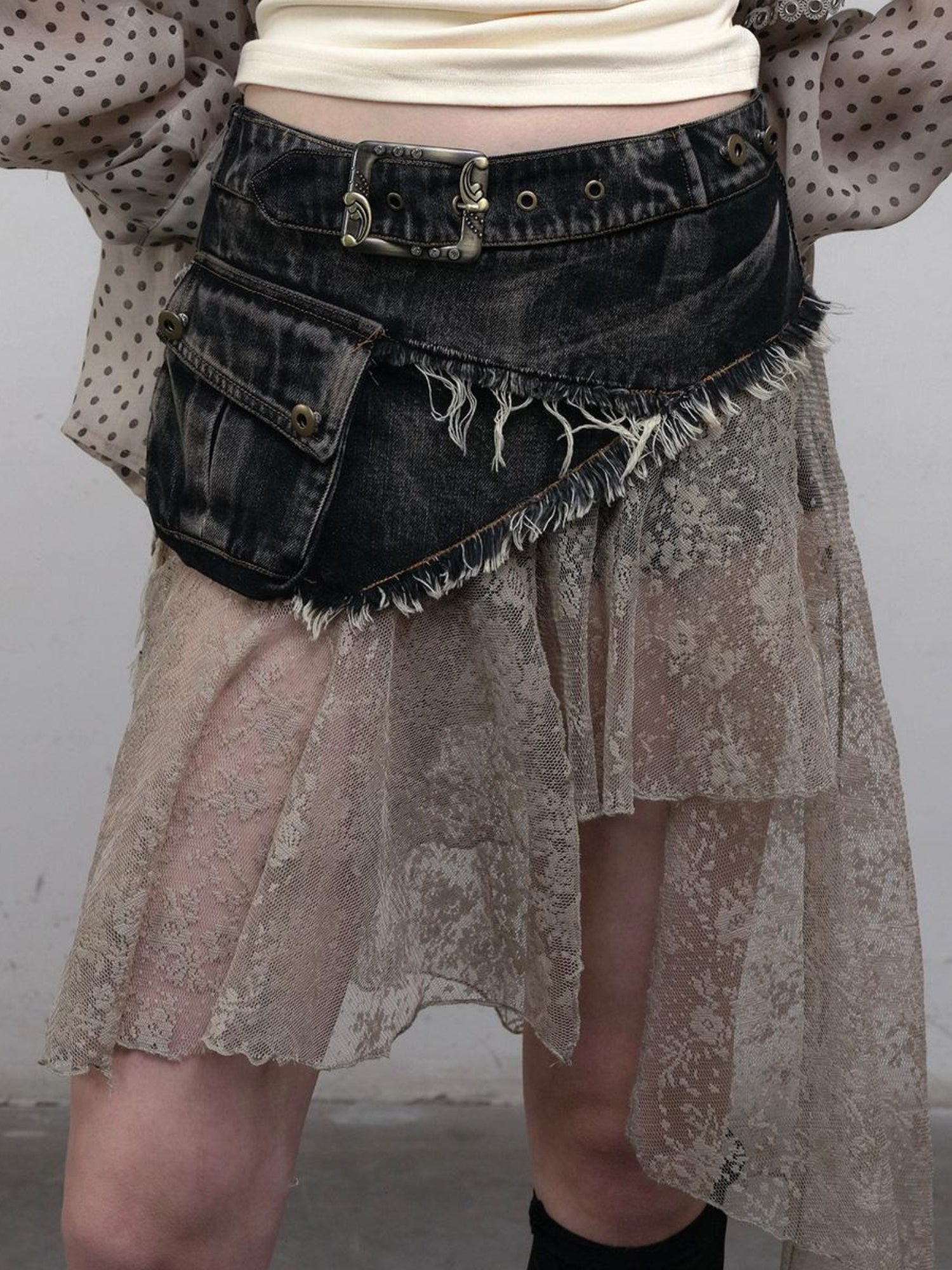 NO ROMANCE Vintage Distressed Denim Skirt Pants With Lace Trim