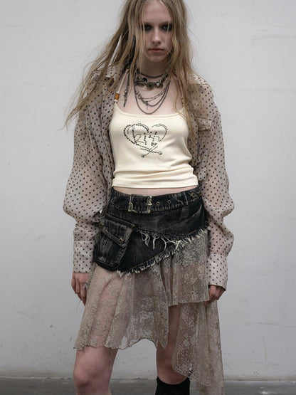 NO ROMANCE Vintage Distressed Denim Skirt Pants With Lace Trim