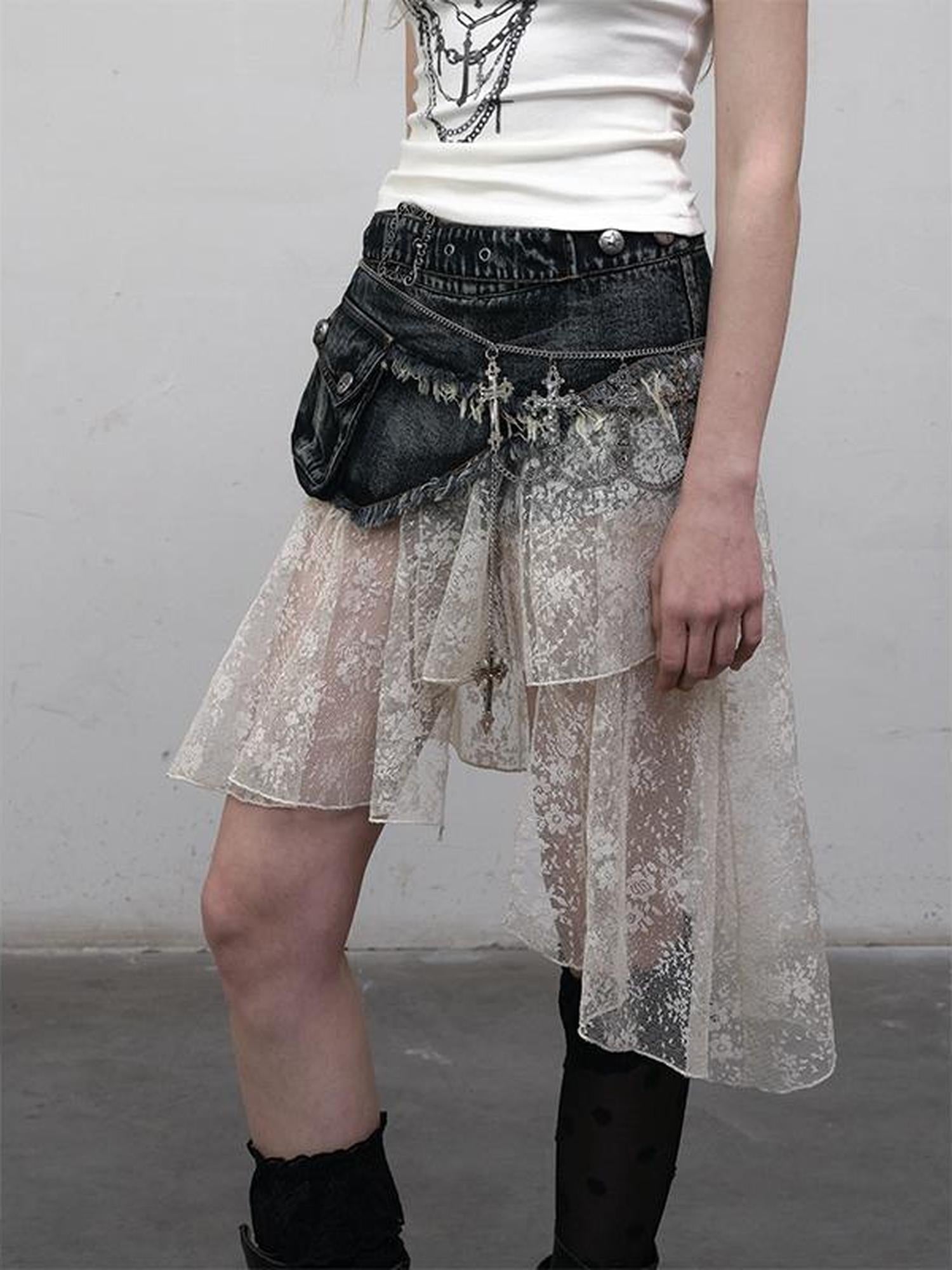 NO ROMANCE Vintage Distressed Denim Skirt Pants With Lace Trim