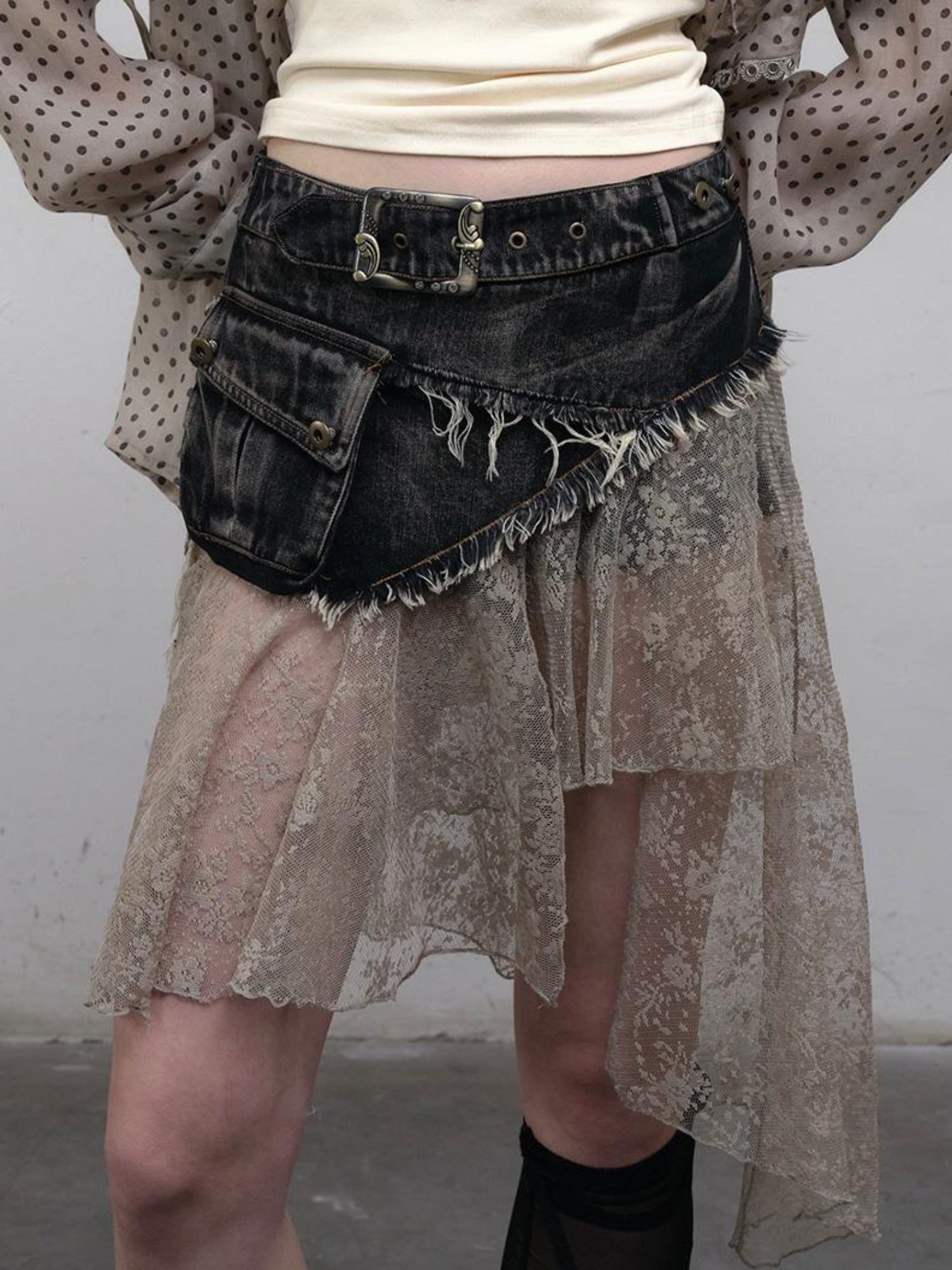 NO ROMANCE Vintage Distressed Denim Skirt Pants With Lace Trim
