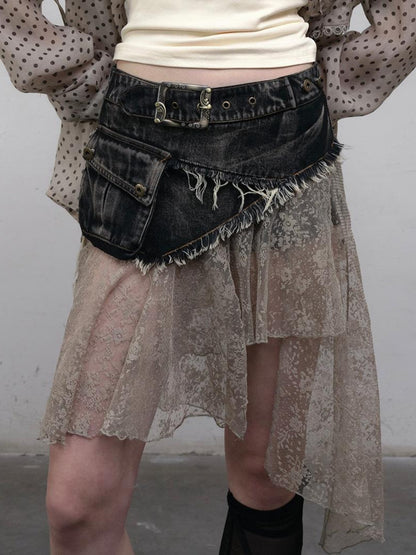 NO ROMANCE Vintage Distressed Denim Skirt Pants With Lace Trim