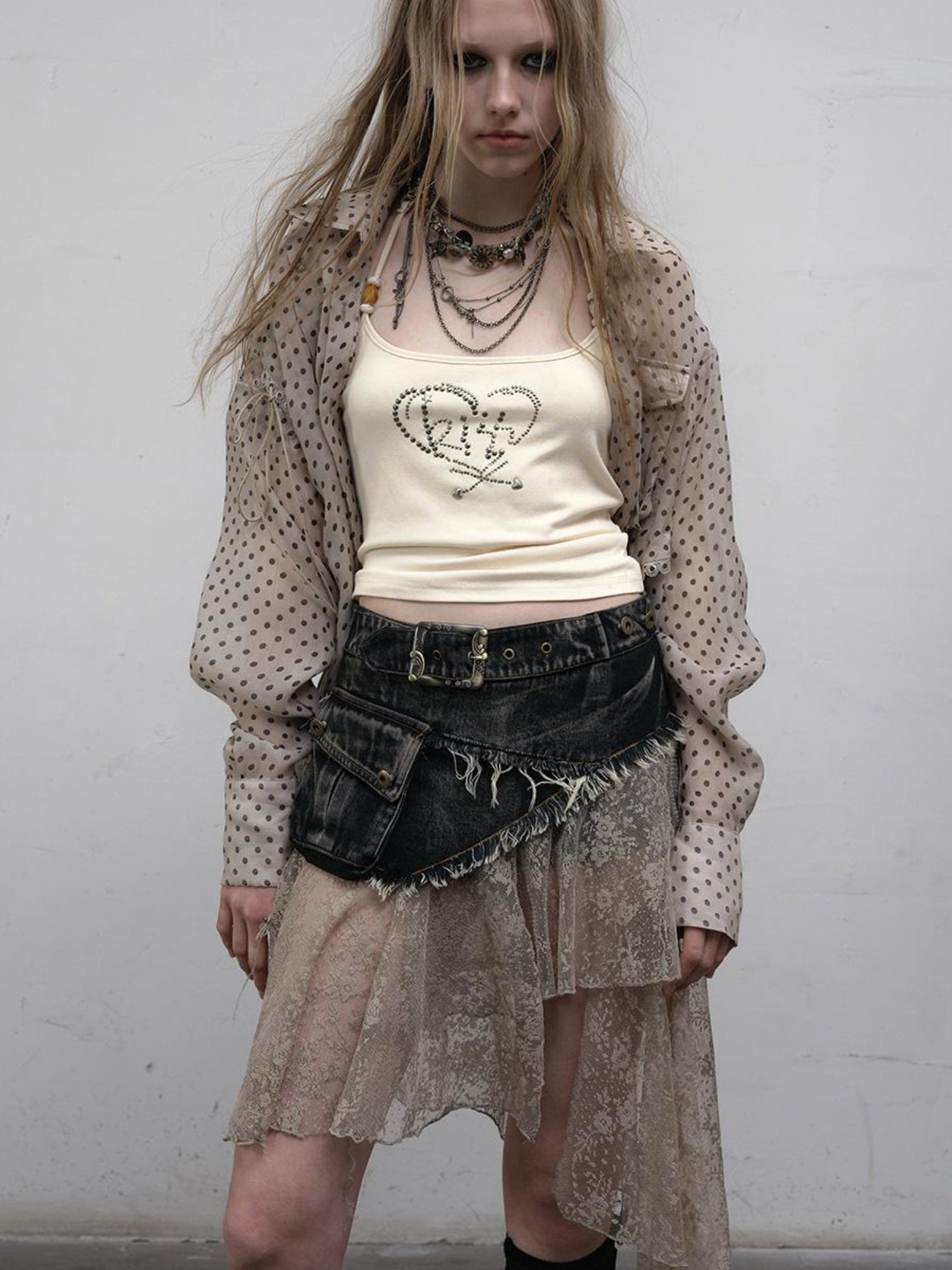NO ROMANCE Vintage Distressed Denim Skirt Pants With Lace Trim