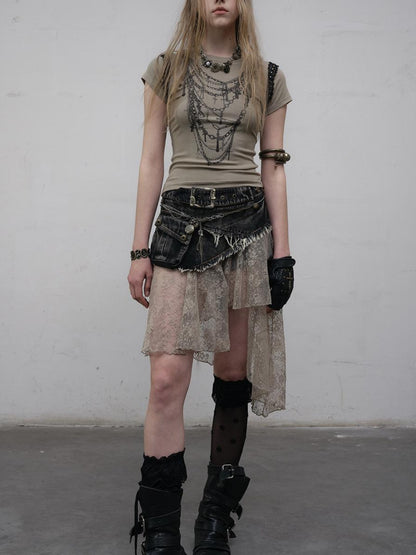 NO ROMANCE Vintage Distressed Denim Skirt Pants With Lace Trim