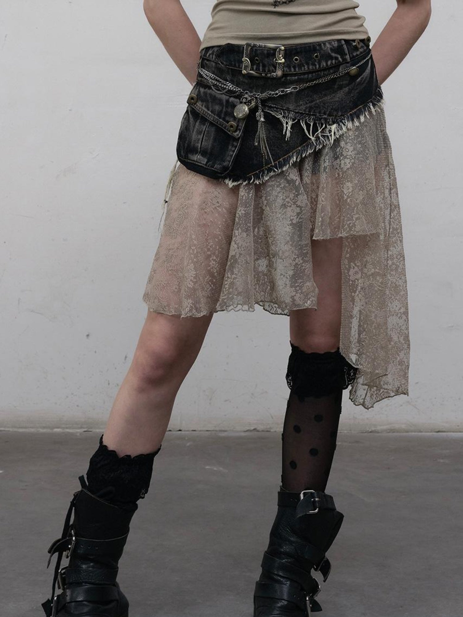 NO ROMANCE Vintage Distressed Denim Skirt Pants With Lace Trim