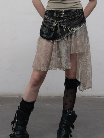 NO ROMANCE Vintage Distressed Denim Skirt Pants With Lace Trim