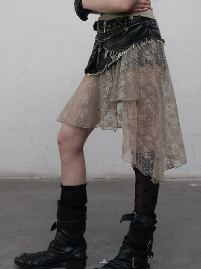 NO ROMANCE Vintage Distressed Denim Skirt Pants With Lace Trim