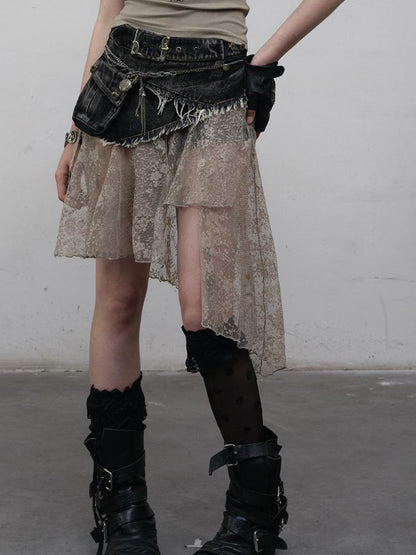 NO ROMANCE Vintage Distressed Denim Skirt Pants With Lace Trim