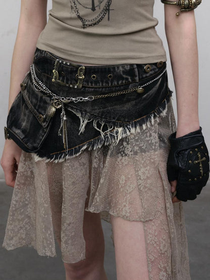 NO ROMANCE Vintage Distressed Denim Skirt Pants With Lace Trim