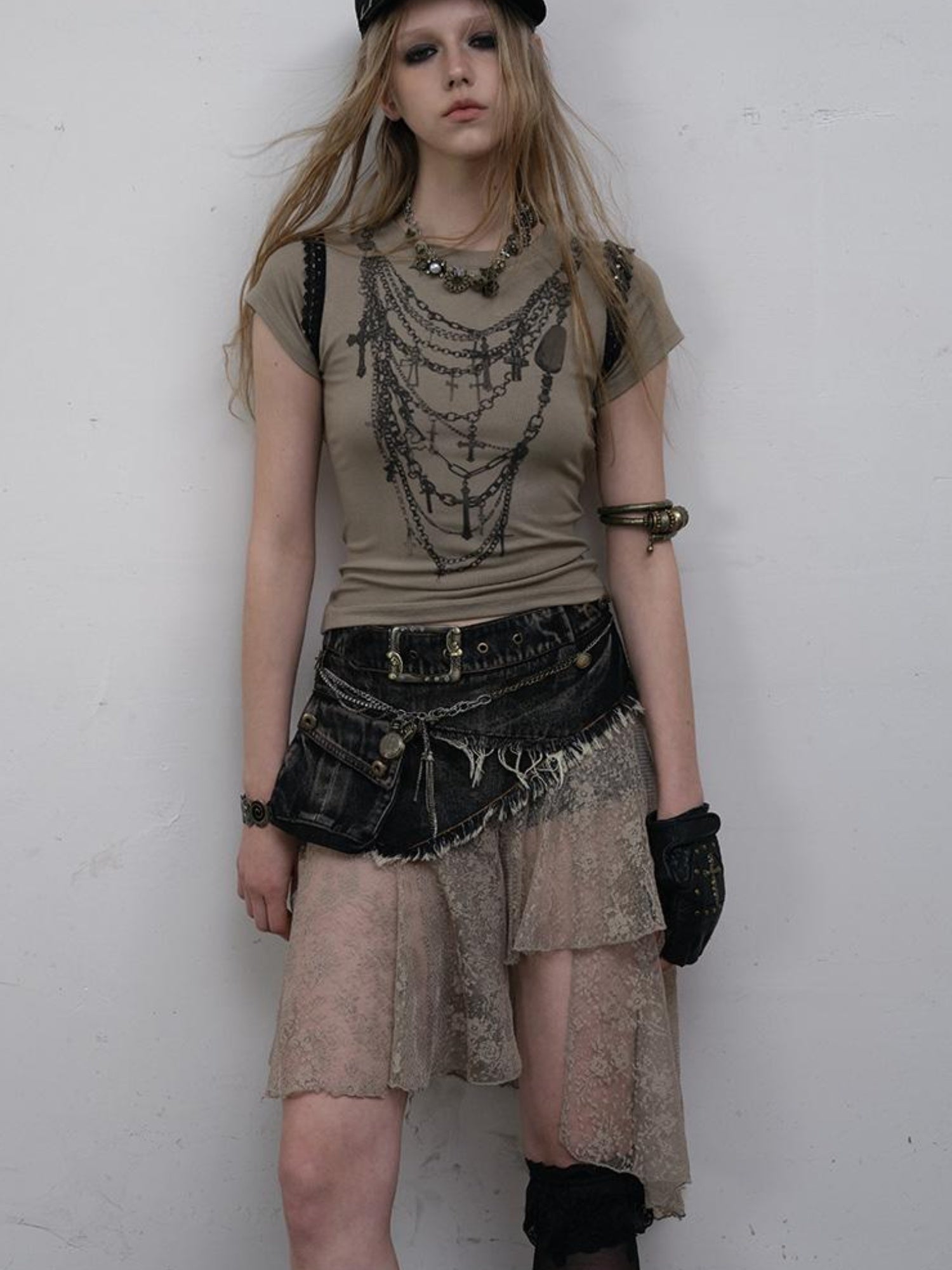 NO ROMANCE Vintage Distressed Denim Skirt Pants With Lace Trim