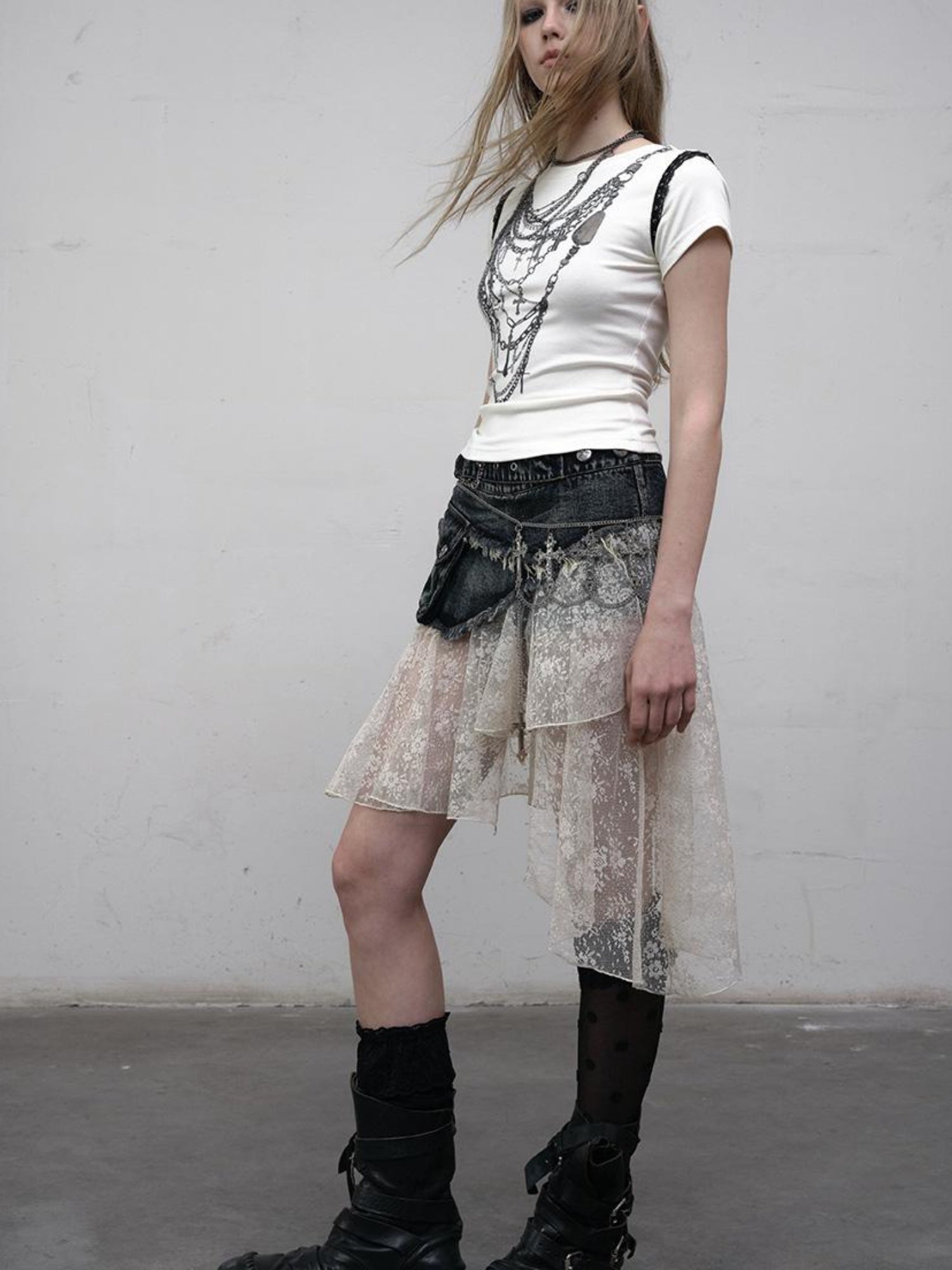 NO ROMANCE Vintage Distressed Denim Skirt Pants With Lace Trim