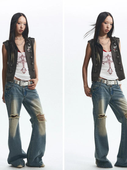 Vintage Distressed Detachable Work Jacket With Adjustable Waist
