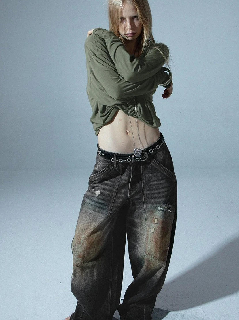 Vintage Distressed Low-Rise Loose Jeans