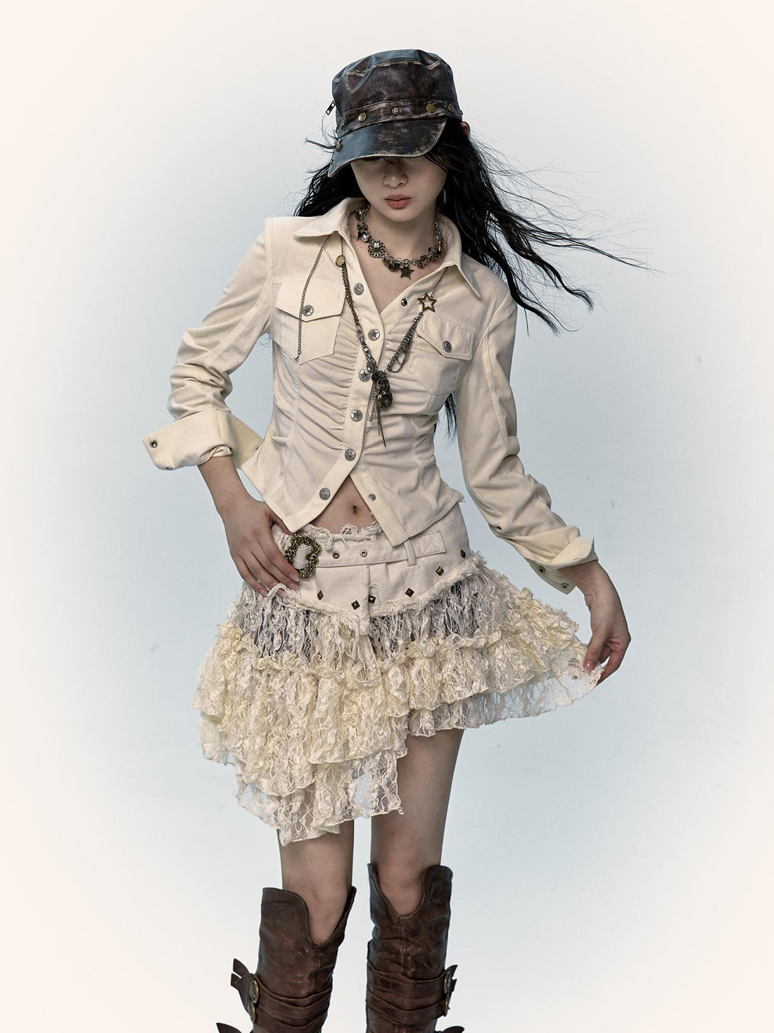 NO ROMANCE Vintage Distressed Low-Rise Patchwork Lace Mesh Skirt