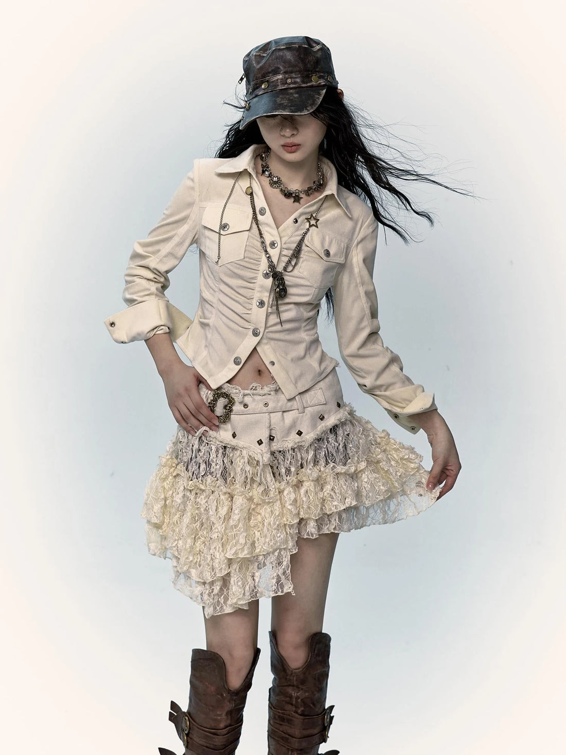 Vintage Distressed Low-Rise Patchwork Lace Mesh Skirt