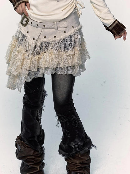 Vintage Distressed Low-Rise Patchwork Lace Mesh Skirt