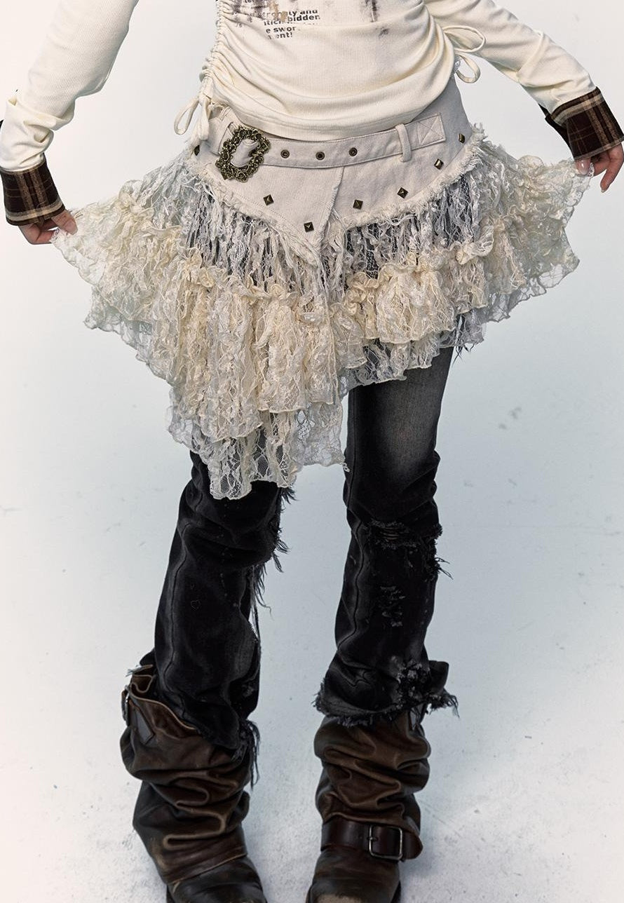 NO ROMANCE Vintage Distressed Low-Rise Patchwork Lace Mesh Skirt