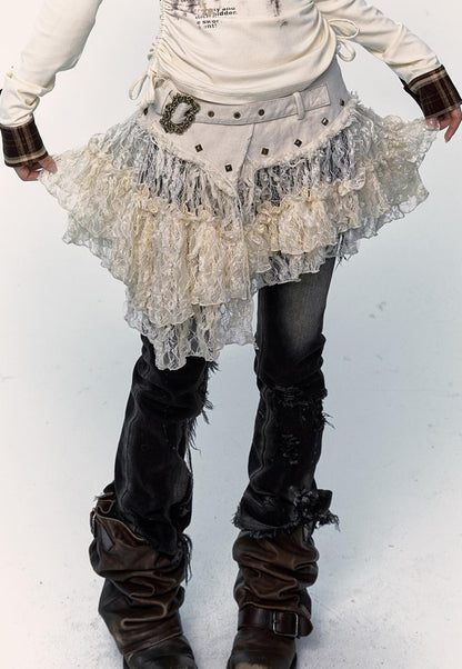 NO ROMANCE Vintage Distressed Low-Rise Patchwork Lace Mesh Skirt