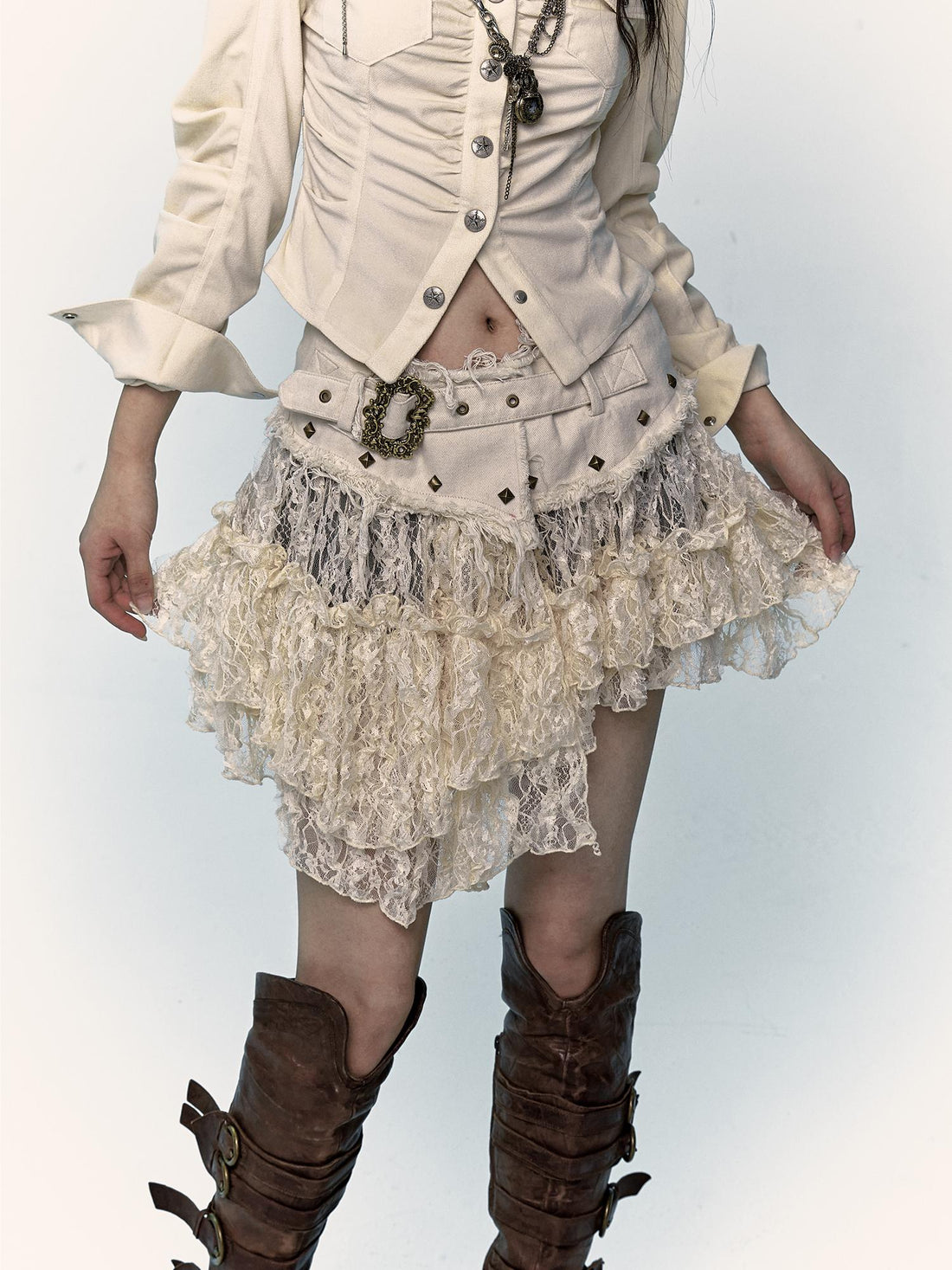 NO ROMANCE Vintage Distressed Low-Rise Patchwork Lace Mesh Skirt
