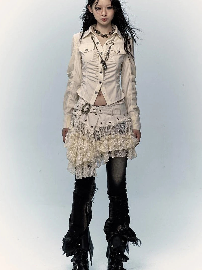 Vintage Distressed Low-Rise Patchwork Lace Mesh Skirt