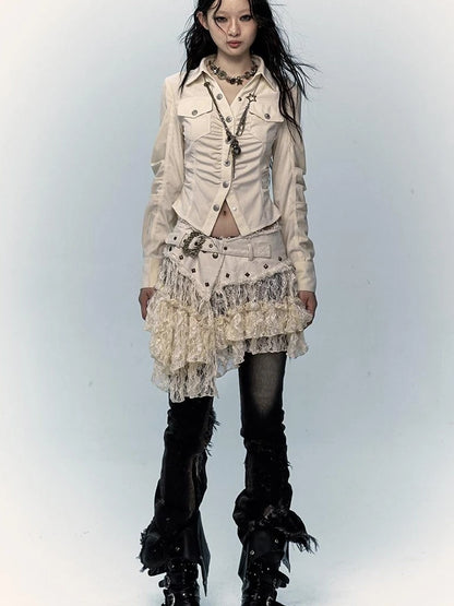 Vintage Distressed Low-Rise Patchwork Lace Mesh Skirt
