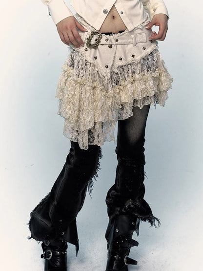 Vintage Distressed Low-Rise Patchwork Lace Mesh Skirt