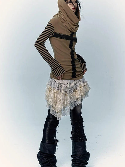Vintage Distressed Low-Rise Patchwork Lace Mesh Skirt