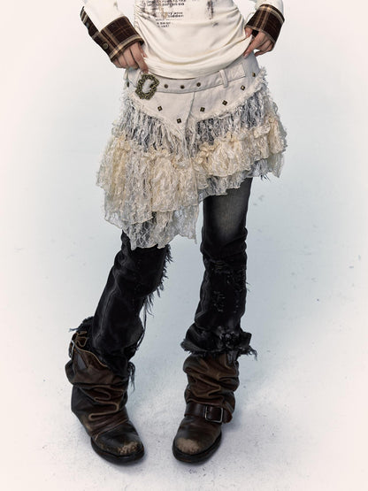 NO ROMANCE Vintage Distressed Low-Rise Patchwork Lace Mesh Skirt