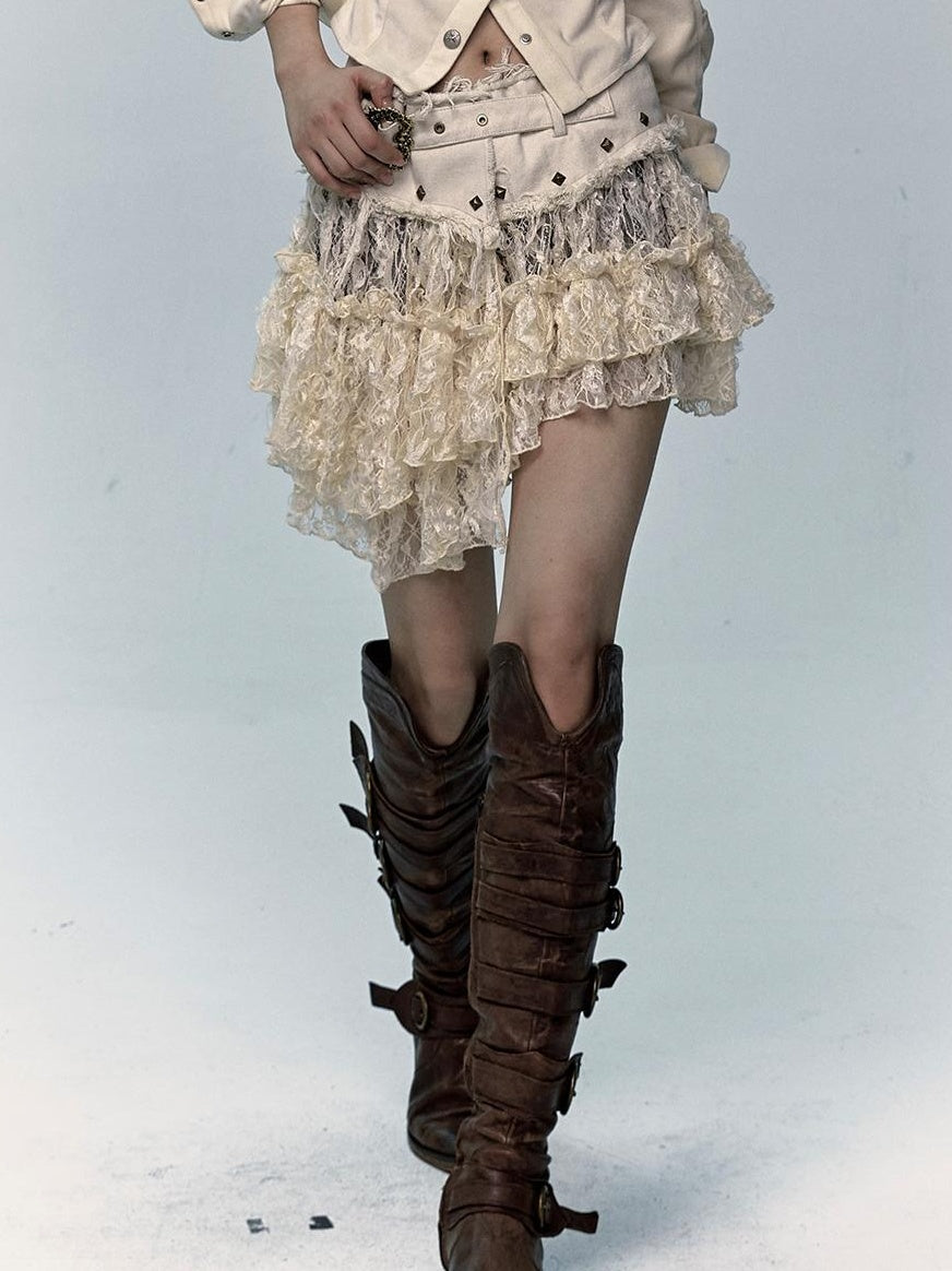 NO ROMANCE Vintage Distressed Low-Rise Patchwork Lace Mesh Skirt