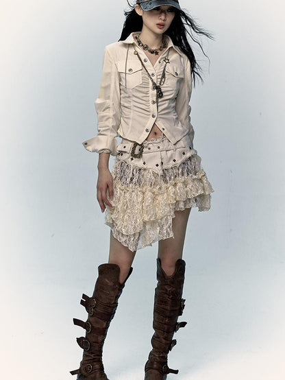 NO ROMANCE Vintage Distressed Low-Rise Patchwork Lace Mesh Skirt