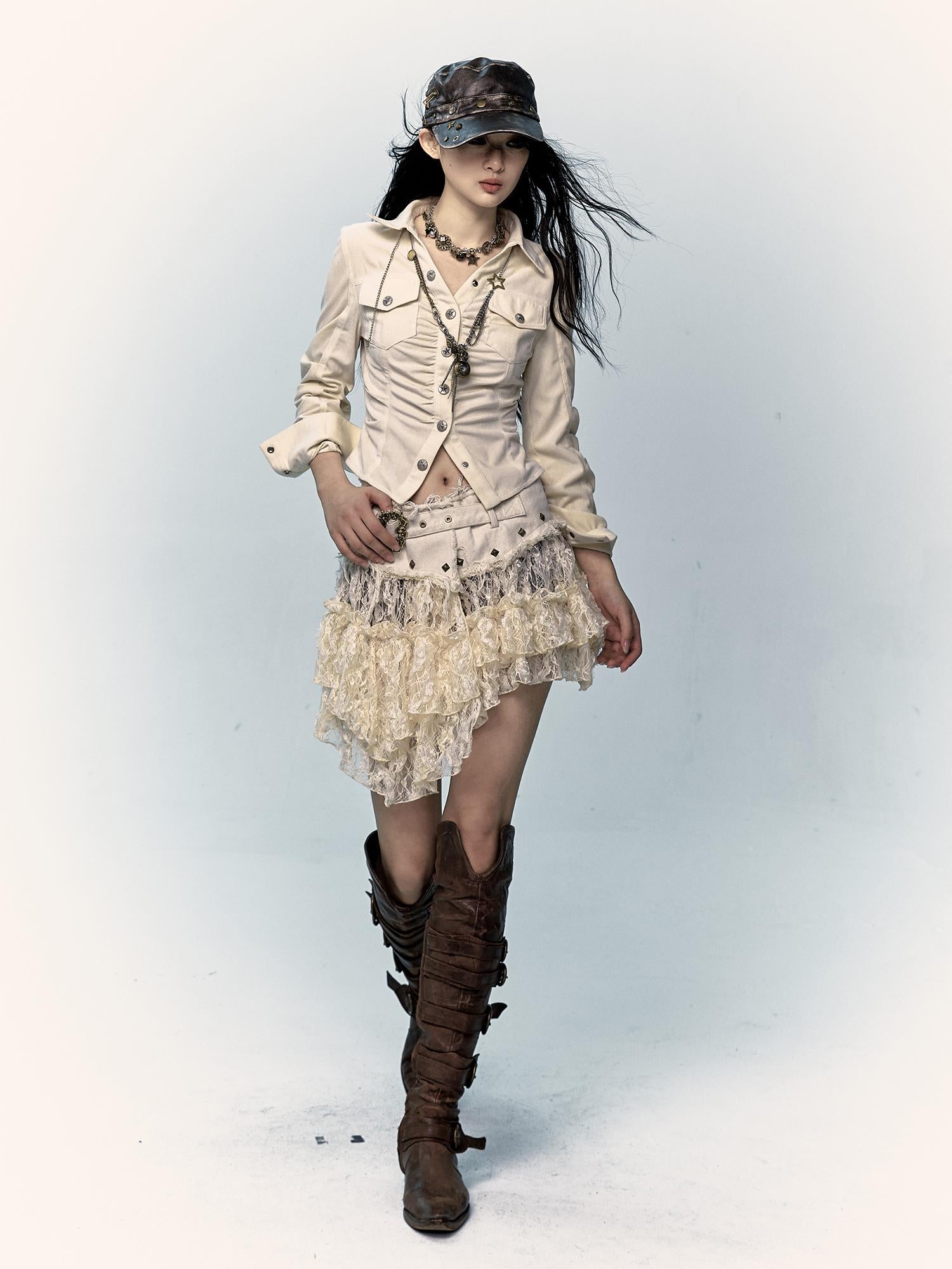 NO ROMANCE Vintage Distressed Low-Rise Patchwork Lace Mesh Skirt