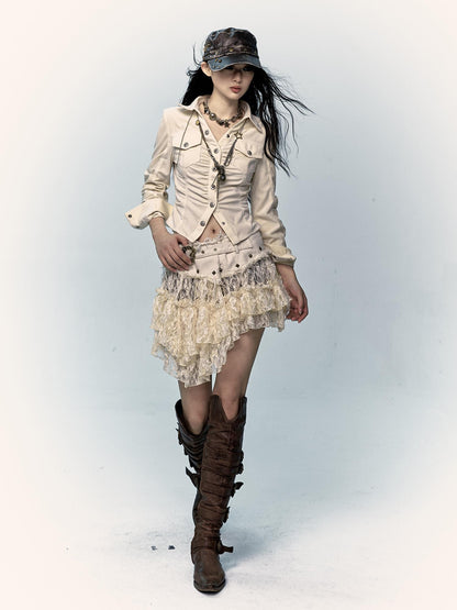 NO ROMANCE Vintage Distressed Low-Rise Patchwork Lace Mesh Skirt