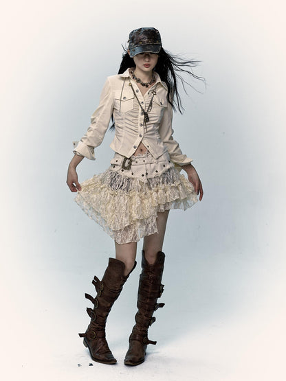 NO ROMANCE Vintage Distressed Low-Rise Patchwork Lace Mesh Skirt