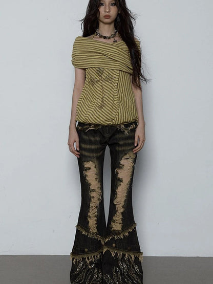 Vintage Distressed Off-Shoulder Hooded Backless Top