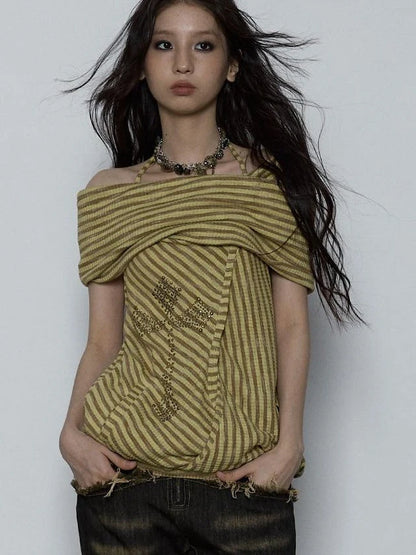 Vintage Distressed Off-Shoulder Hooded Backless Top