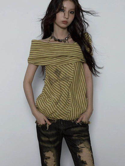 Vintage Distressed Off-Shoulder Hooded Backless Top