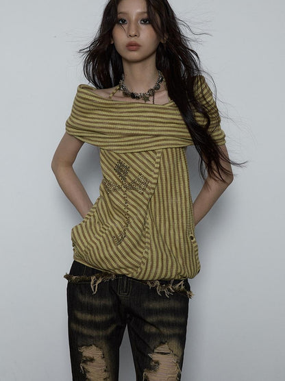 NO ROMANCE Vintage Distressed Off-Shoulder Hooded Backless Top