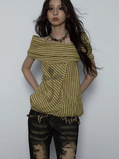 Vintage Distressed Off-Shoulder Hooded Backless Top