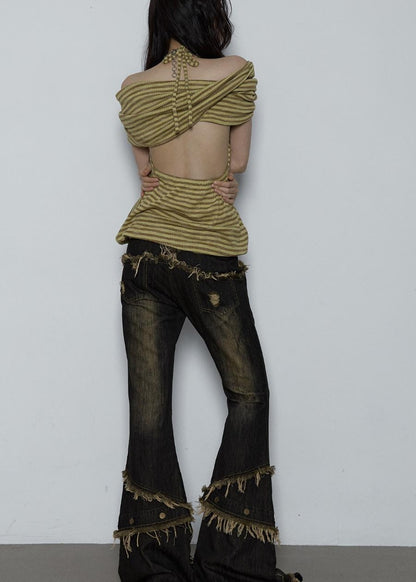 NO ROMANCE Vintage Distressed Off-Shoulder Hooded Backless Top