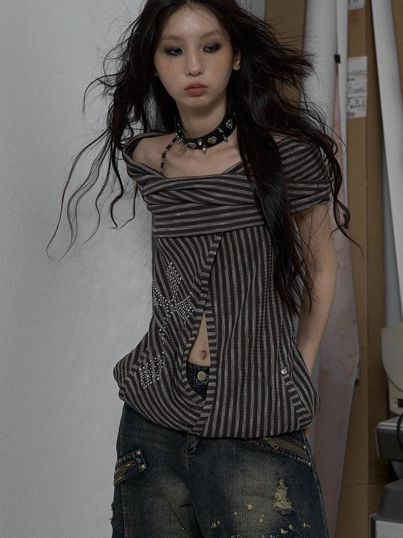 NO ROMANCE Vintage Distressed Off-Shoulder Hooded Backless Top