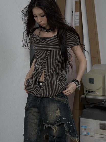 Vintage Distressed Off-Shoulder Hooded Backless Top