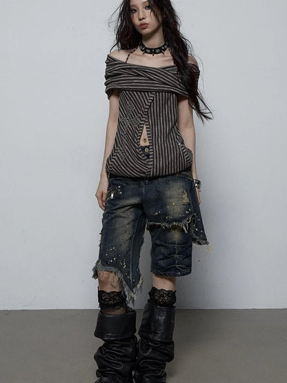 Vintage Distressed Off-Shoulder Hooded Backless Top